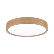 Round ceiling light with wood finish and white diffuser for modern LED lighting in living spaces