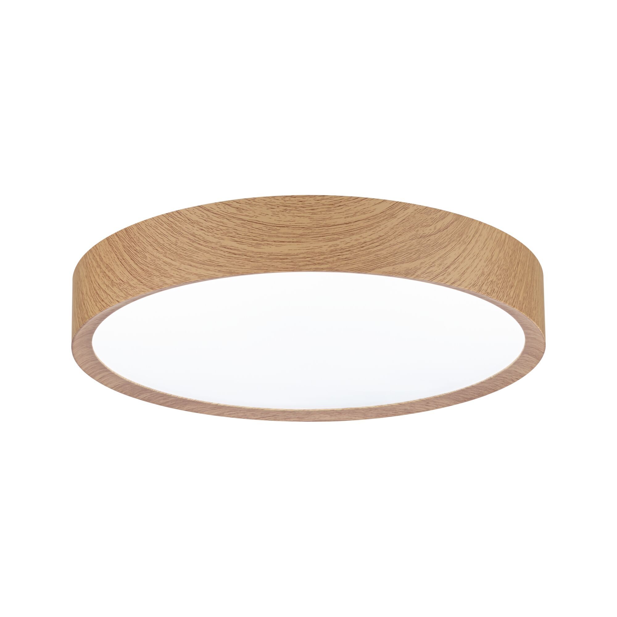 Round ceiling light with wood finish and white diffuser for modern LED lighting in living spaces