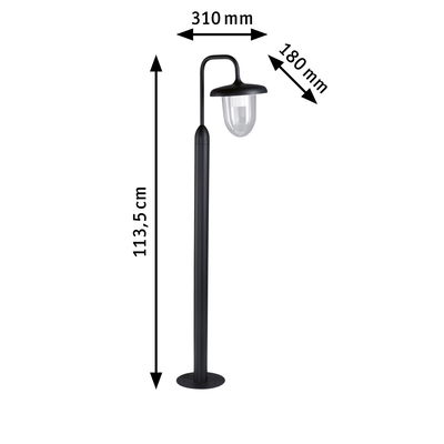 Lampe extérieure noire en métal avec dôme en verre transparent, hauteur 113,5 cm, éclairage de jardin moderne