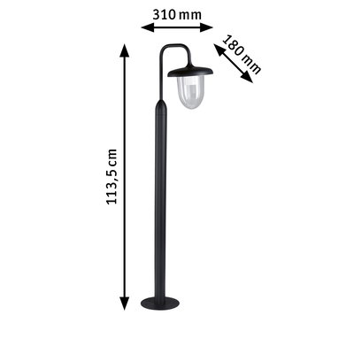 Black metal outdoor lamp with clear glass dome, 113.5 cm tall, modern garden lighting