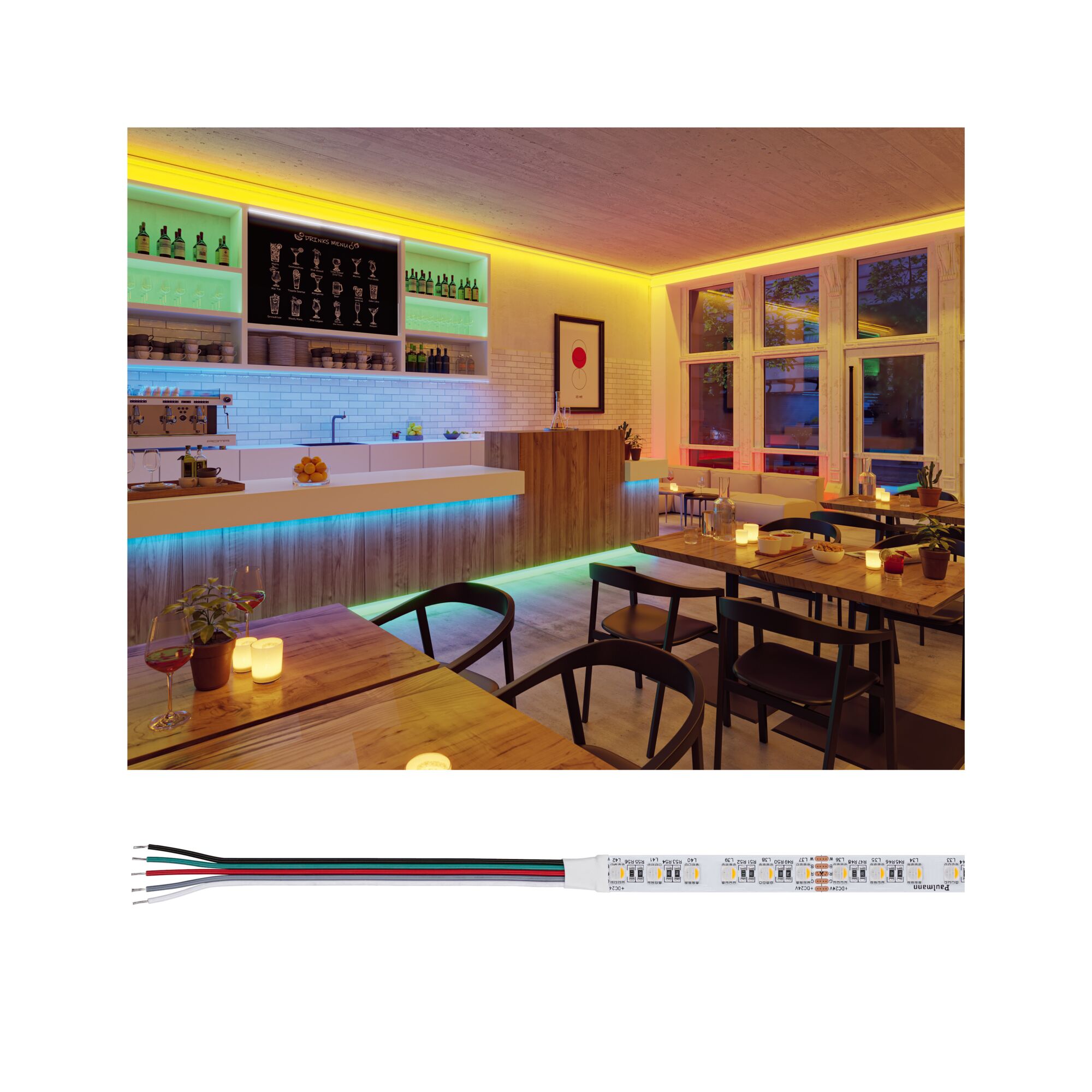 Pro Strip LED Strip Silver P75 830 5m 121W 700lm/m 84 LEDs/m RGBW+ RGB LED strip with wiring for indirect lighting and colourful light accents in interior design