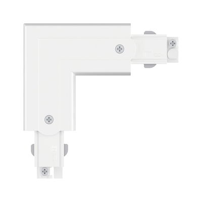White plastic corner connector with screws for track lighting systems installation