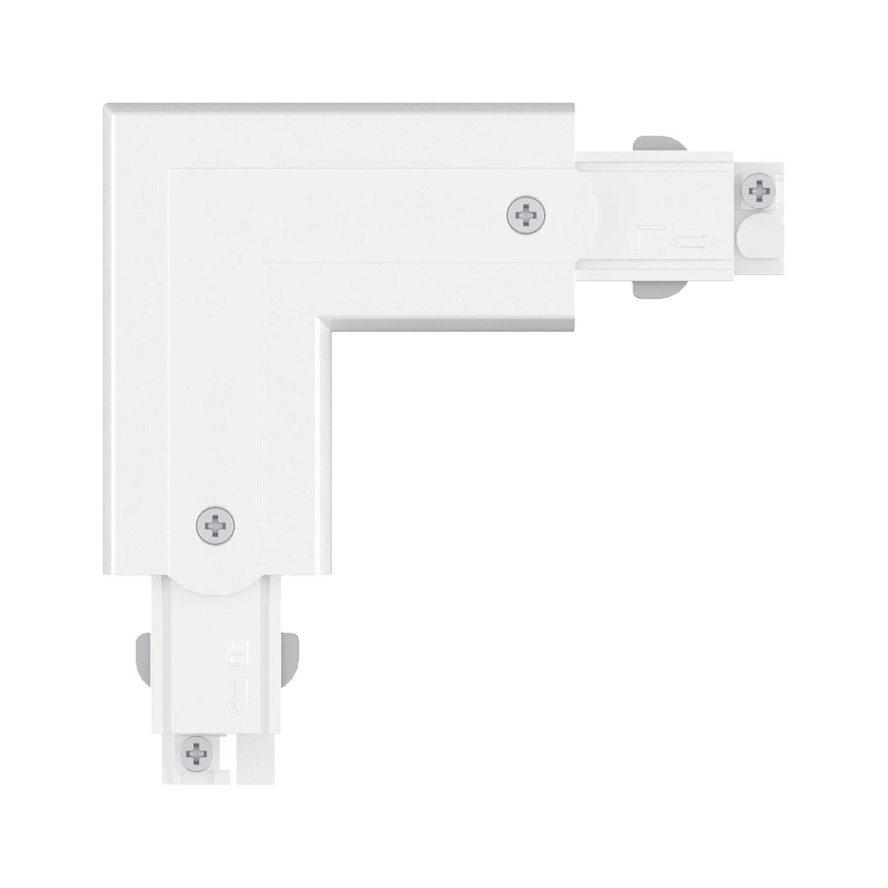 White plastic corner connector with screws for track lighting systems installation