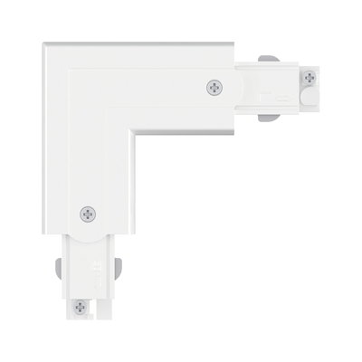 White plastic corner connector with screws for track lighting systems installation