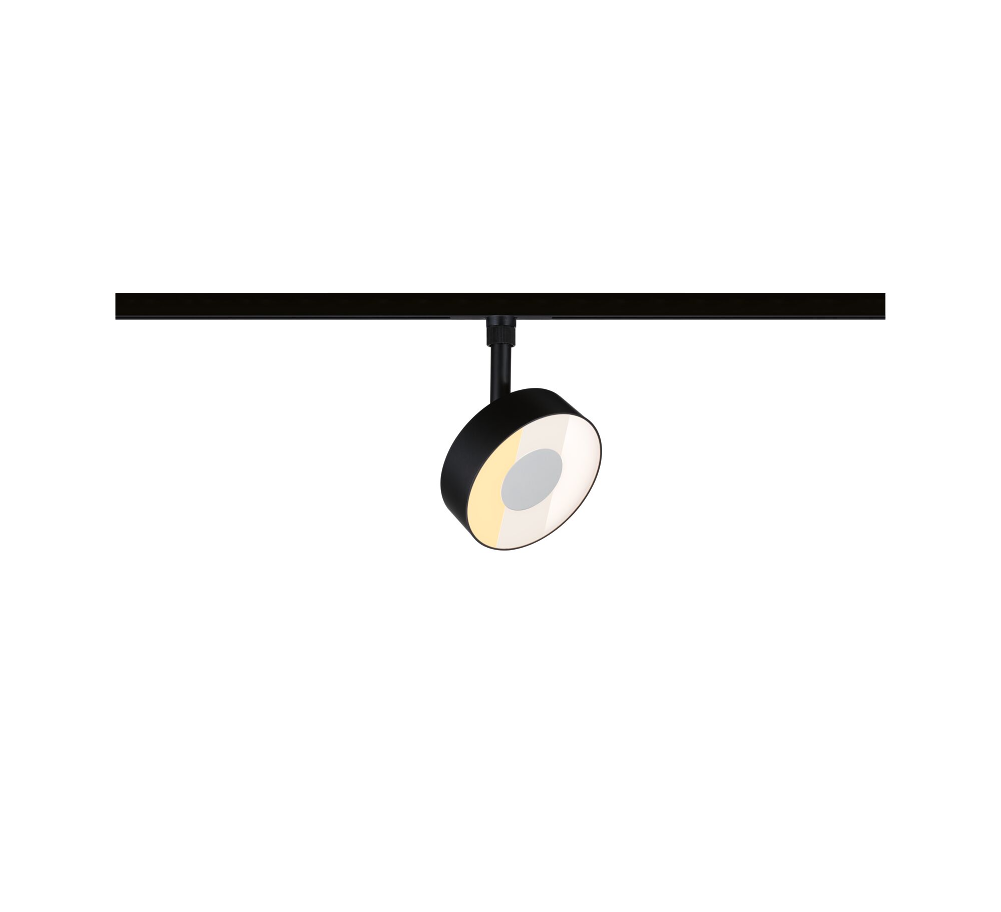 Schwarze LED-Schienenleuchte mit rundem Leuchtkopf und warmweißem Licht für moderne Innenräume