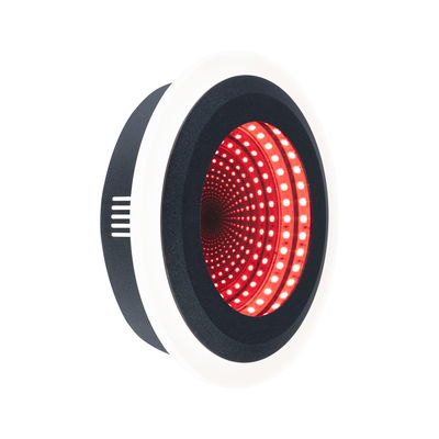 Round LED recessed light panel with black frame and red infinity light pattern, modern lighting fixture