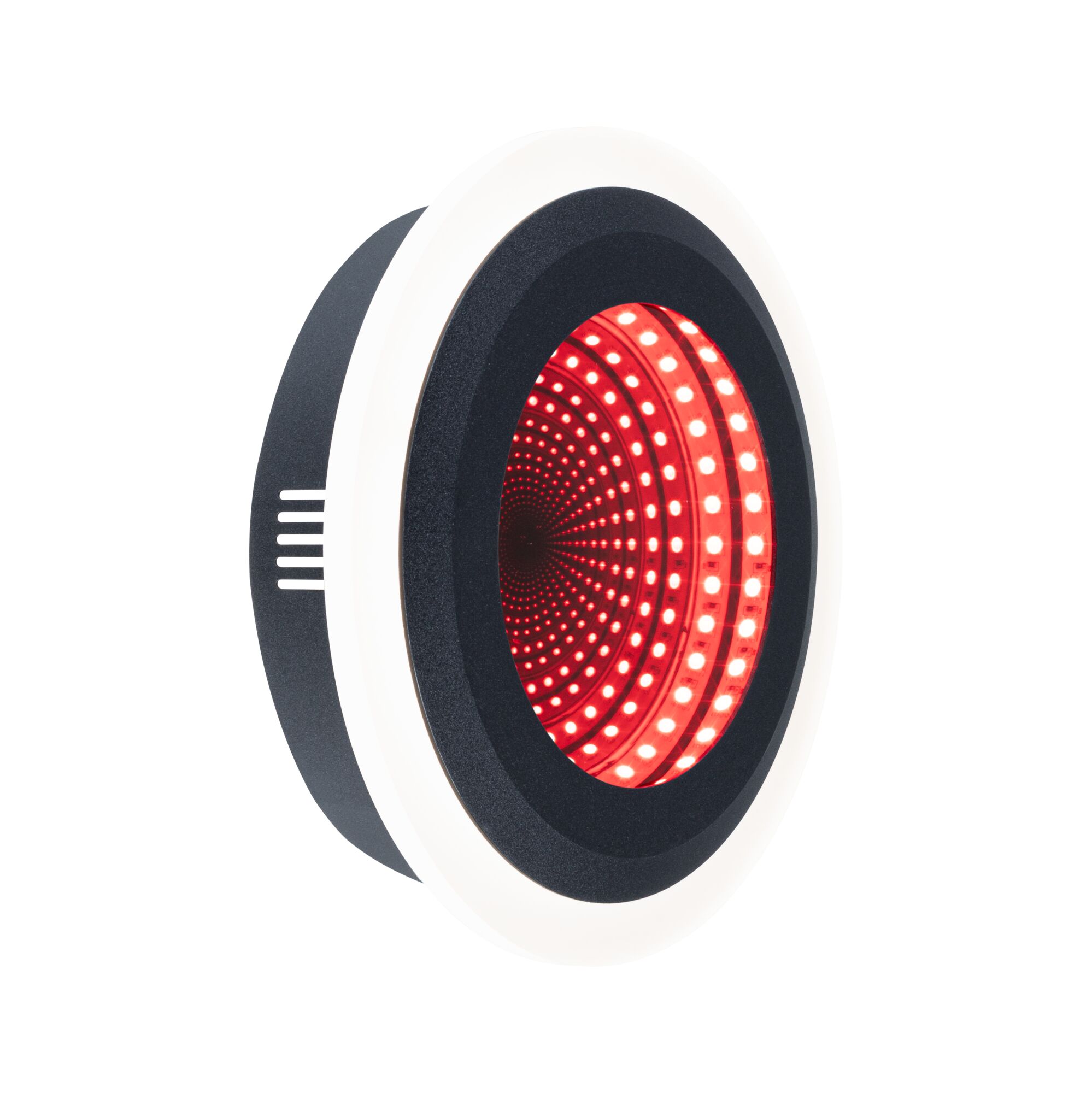 Panneau lumineux LED encastré rond avec cadre noir et motif lumineux infini rouge, éclairage moderne