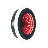 Round LED recessed light panel with black frame and red infinity light pattern, modern lighting fixture