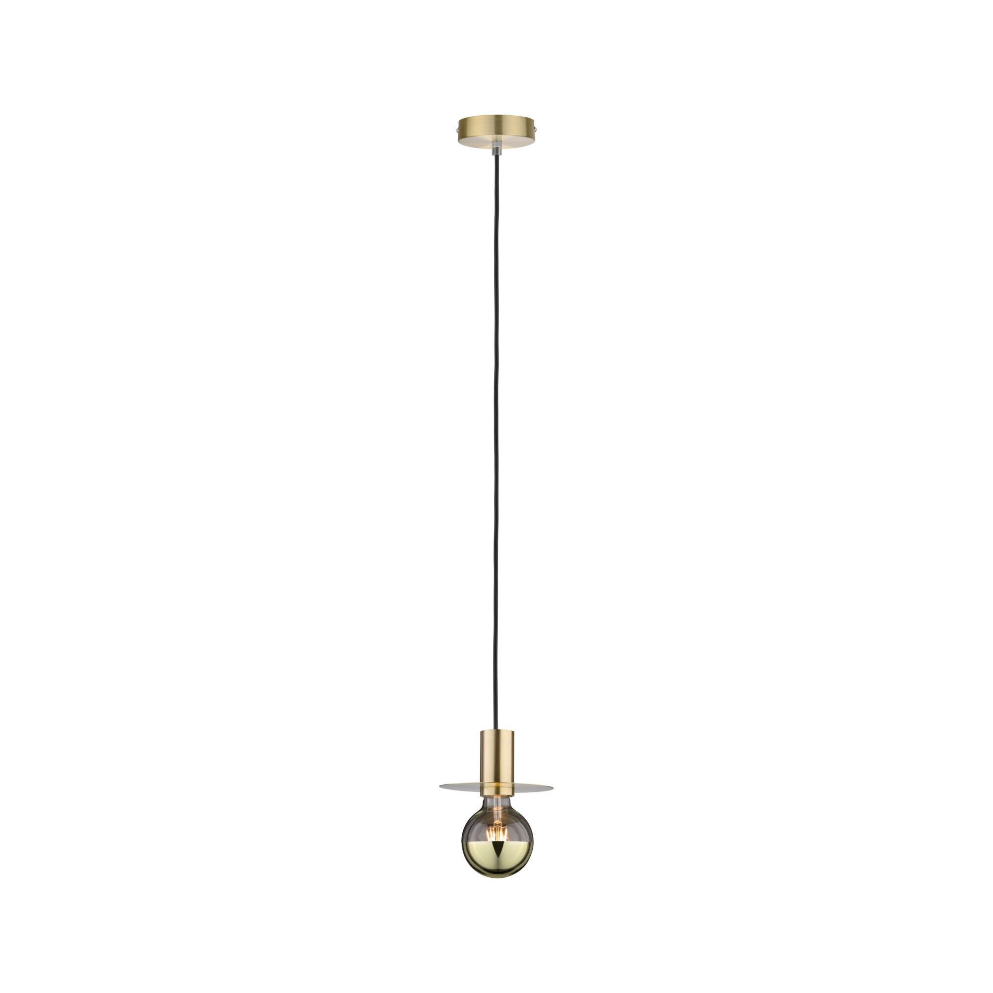 Brass pendant light with black cord and gold bulb, ideal for modern interior lighting solutions