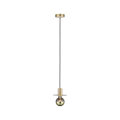Brass pendant light with black cord and gold bulb, ideal for modern interior lighting solutions