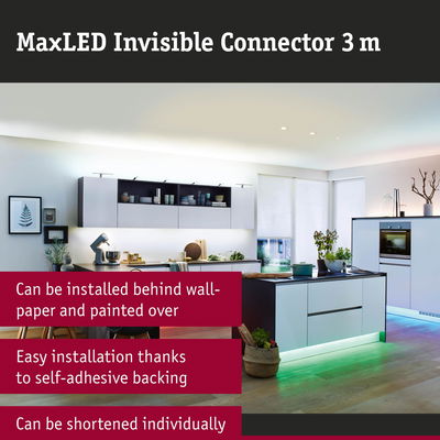 Modern kitchen featuring MaxLED Invisible Connector 3 m for LED lighting with easy installation and adjustable length