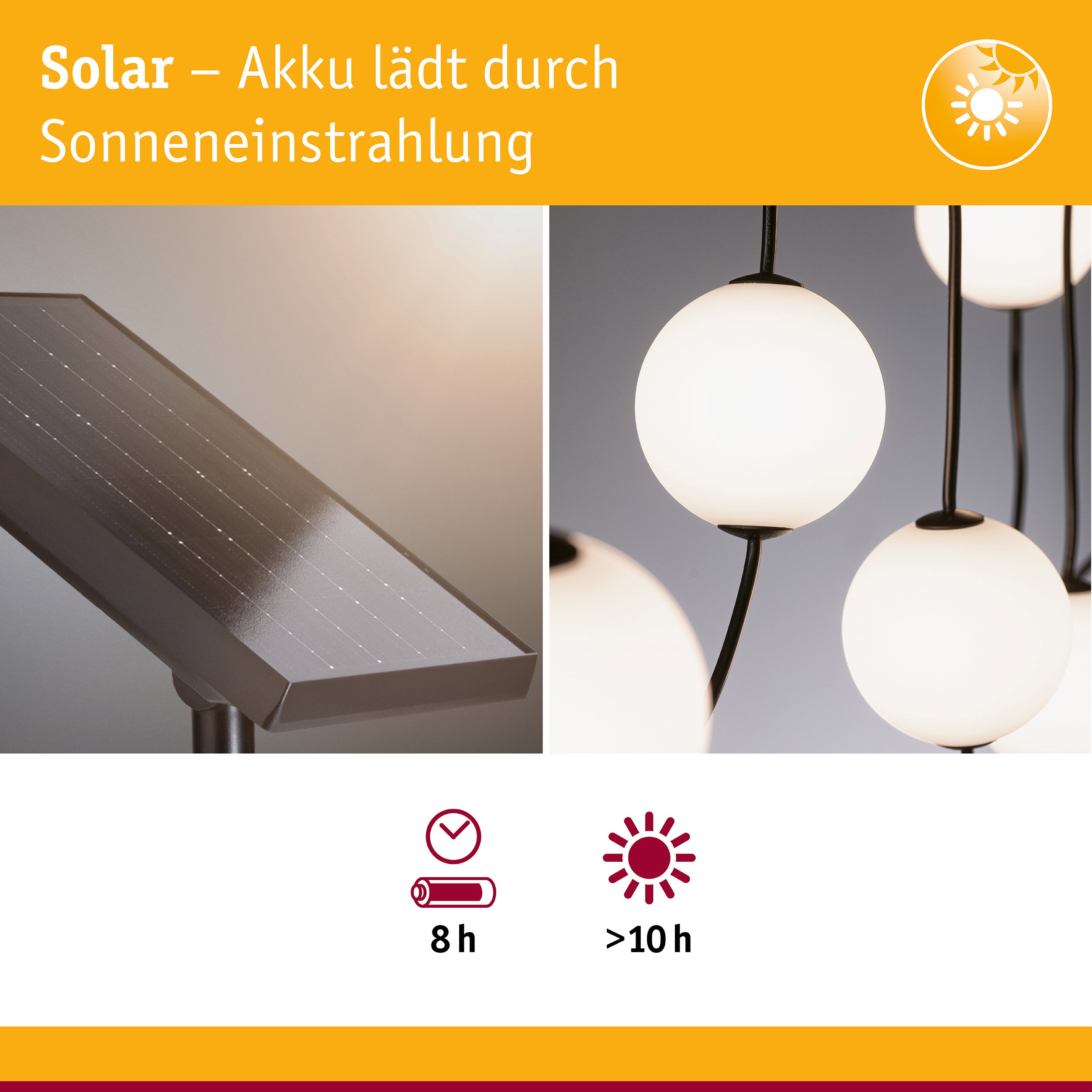 Solarleuchte mit schwarzem Solarpanel und weißen Kugellampen, Akku lädt durch Sonnenenergie
