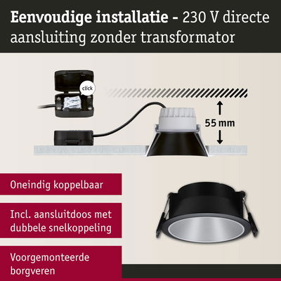 Zwarte inbouwspot met 55 mm inbouwdiepte en 230 V directe aansluiting zonder transformator