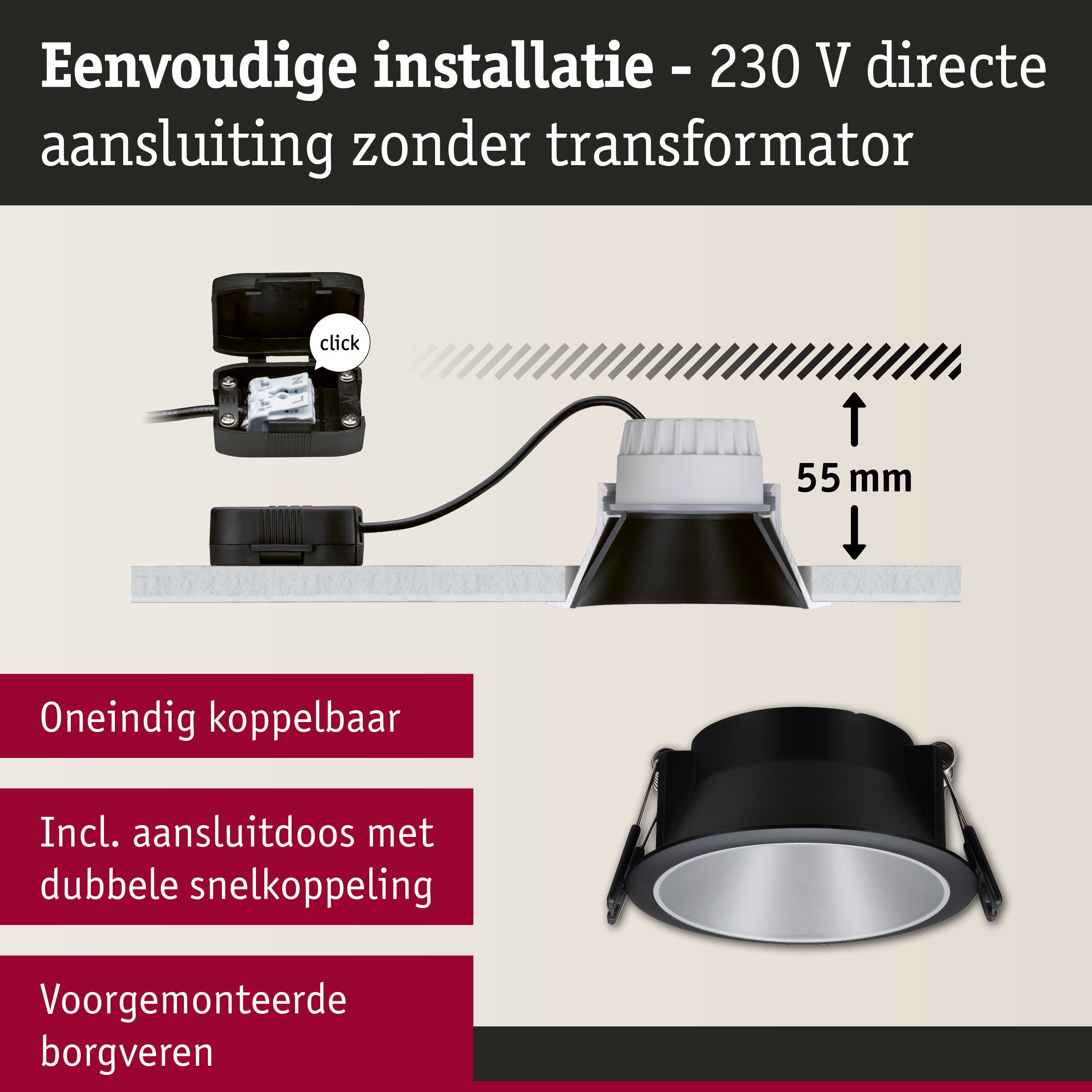 Zwarte inbouwspot met zilveren voorkant en 55 mm inbouwdiepte voor eenvoudige 230 V installatie