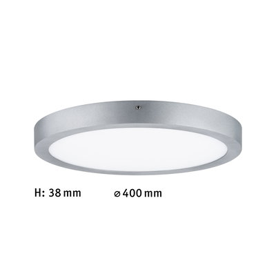 Flat round LED ceiling light in silver aluminum, 400 mm diameter and 38 mm height for modern lighting