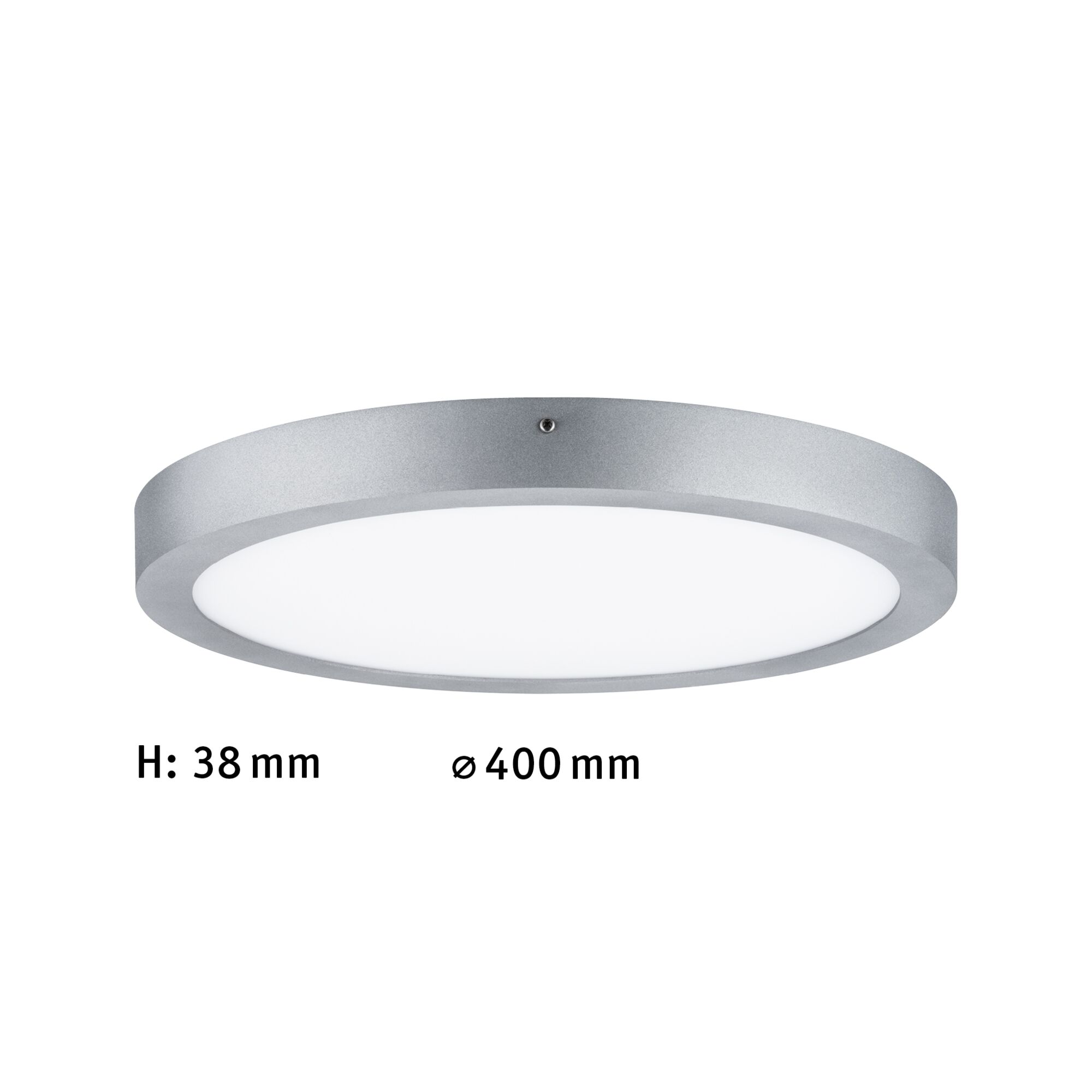 Flat round LED ceiling light in silver aluminum, 400 mm diameter and 38 mm height for modern lighting