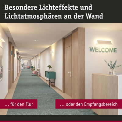 Moderner Flur mit grüner Teppichläufer, Holztüren und weißen Wandleuchten für Empfangsbereich.