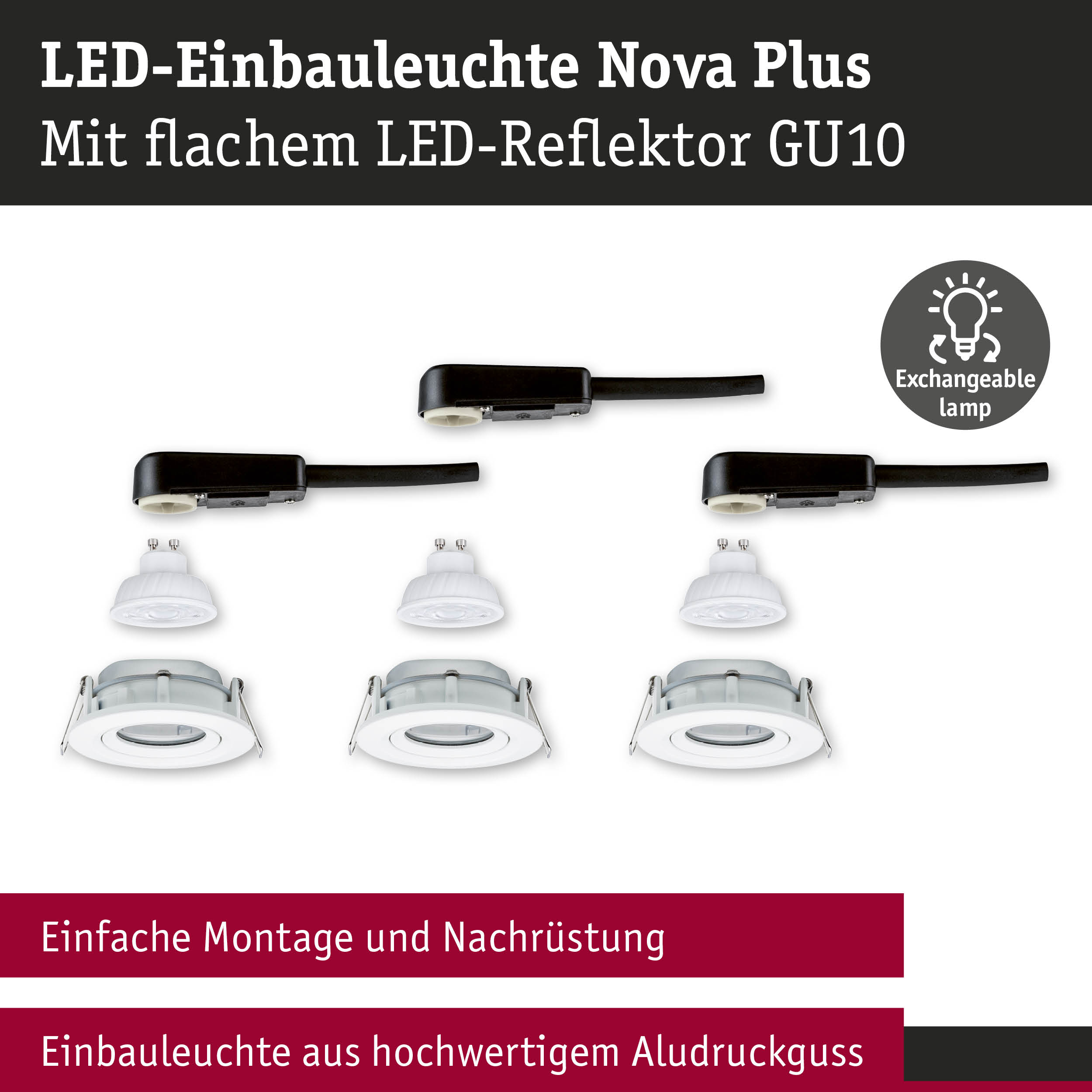 LED-Einbauleuchte Nova Plus mit flachem GU10 LED-Reflektor und Aludruckguss Gehäuse in Weiß
