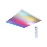 Bunt beleuchtete quadratische LED-Deckenleuchte mit weißem Rahmen und Fernbedienung für Farbwechsel.