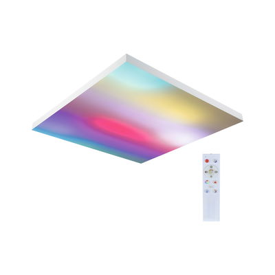 Bunt beleuchtete quadratische LED-Deckenleuchte mit weißem Rahmen und Fernbedienung für Farbwechsel.