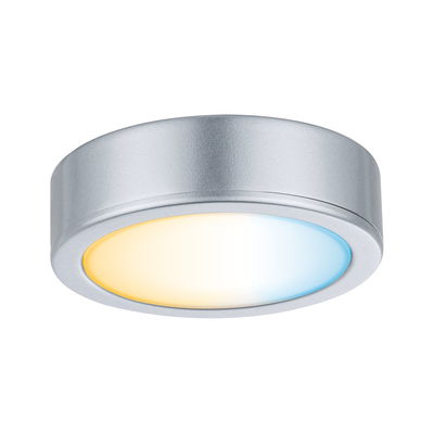 Round ceiling light in silver metal with warm and cool white LED light for living spaces