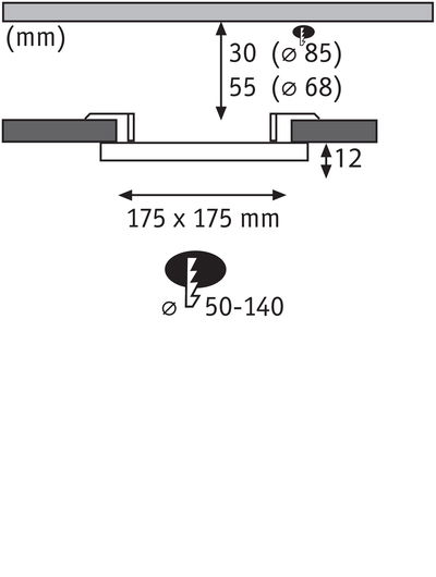 Technical drawing showing 175x175 mm dimensions and 12 mm installation depth for LED downlight.