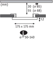 Technical drawing showing 175x175 mm dimensions, 12 mm depth, 50-140 mm diameter for LED recessed light