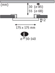 Technische Zeichnung mit Maßen 175x175 mm, Einbautiefe 12 mm, Durchmesser 50-140 mm für LED-Einbaustrahler