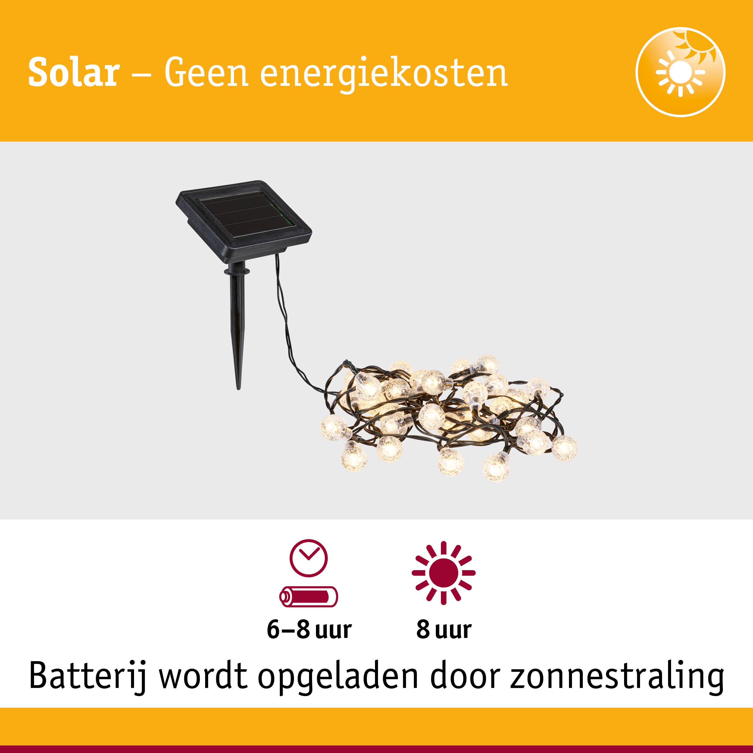 Zonne-energie LED-lichtsnoer met zwart zonnepaneel en warmwit licht voor energiezuinige buitenverlichting