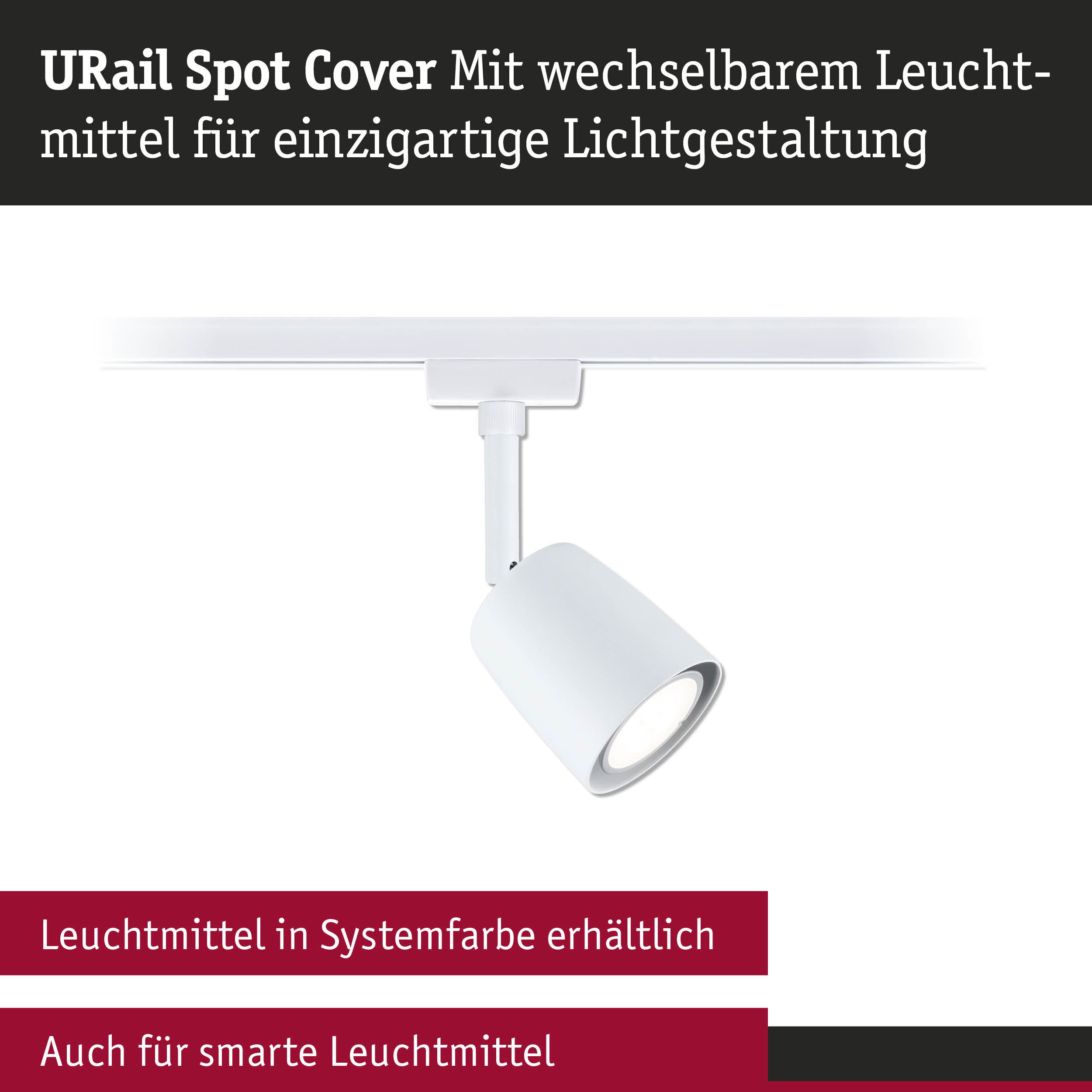 Weißer URail Spot Cover aus Metall mit austauschbarem Leuchtmittel für flexible Lichtgestaltung