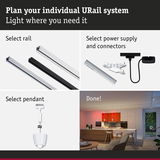 Modular URail aluminium rail system with power supply and white pendant light head for customizable lighting setups