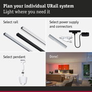 Modular URail track system with selectable rails, power supply, and pendant lights for flexible lighting