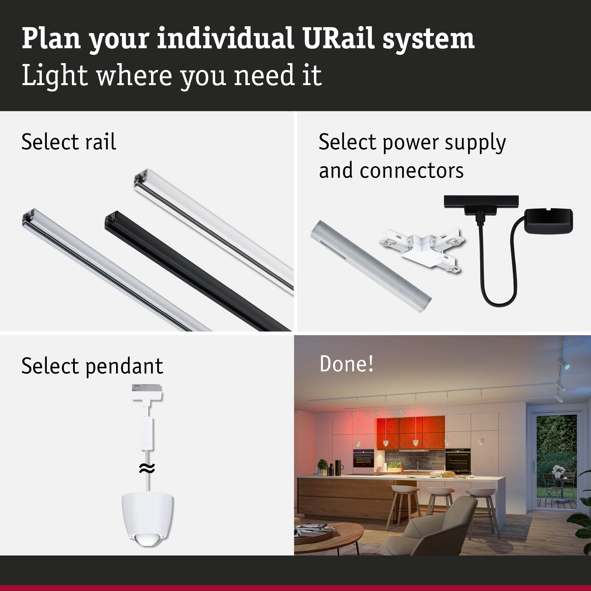 Modular URail track system with selectable rails, power supply, and pendant lights for flexible lighting