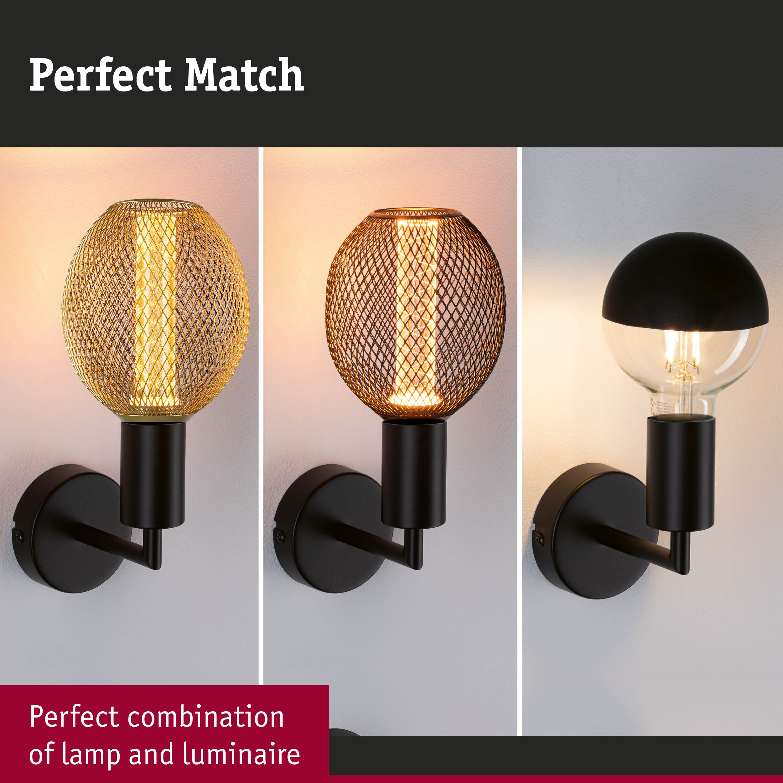 Three black wall lamps with metal and glass shades, modern decorative lighting for interiors