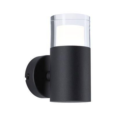 Modern black metal outdoor wall light with clear glass and white illumination for garden lighting