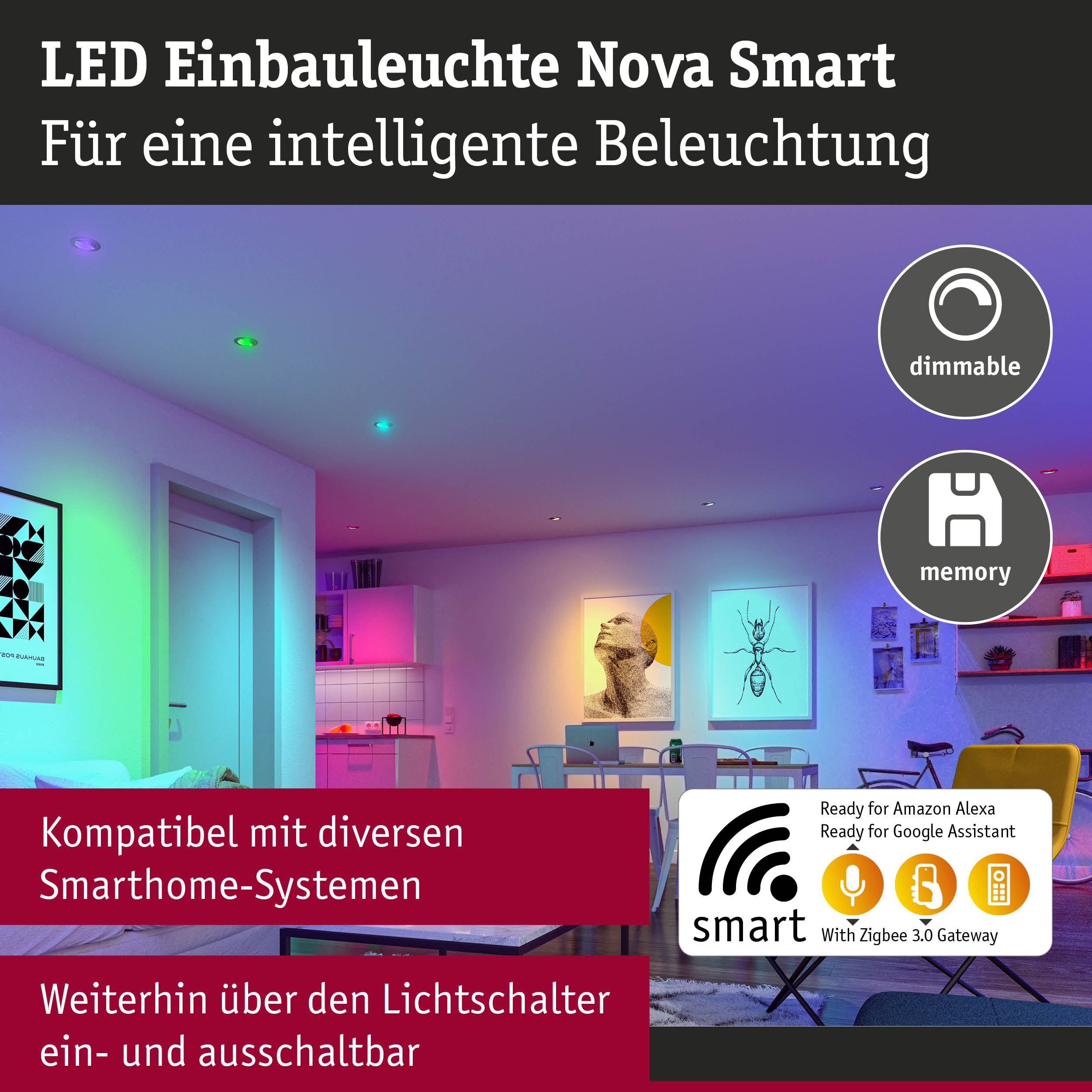 LED Einbauleuchte Nova Smart mit dimmbarer, farbiger Beleuchtung für smarte Haussteuerung
