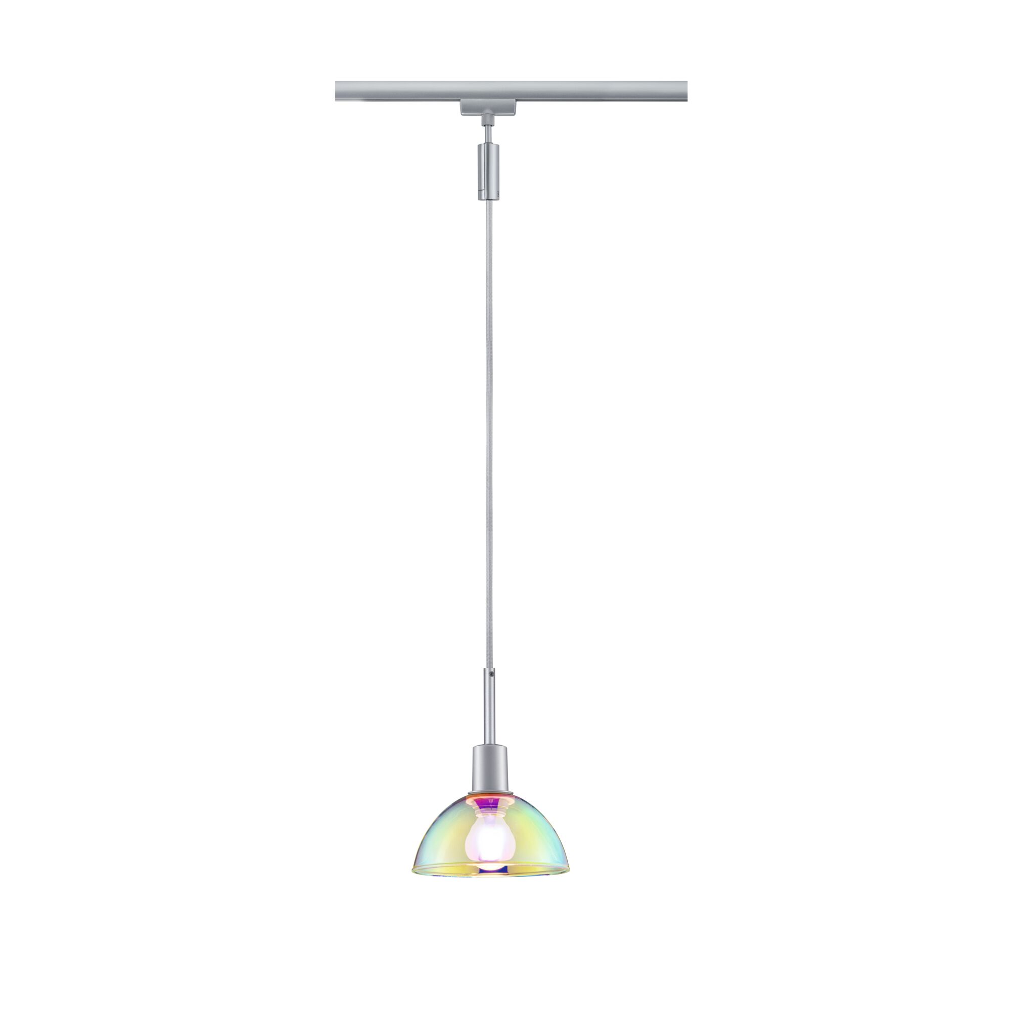 Pendant light with iridescent glass and silver metal holder for track lighting system