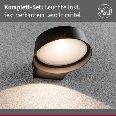 Schwarze Wandlampe mit integriertem Leuchtmittel an grauer Wand, moderne LED-Außenbeleuchtung