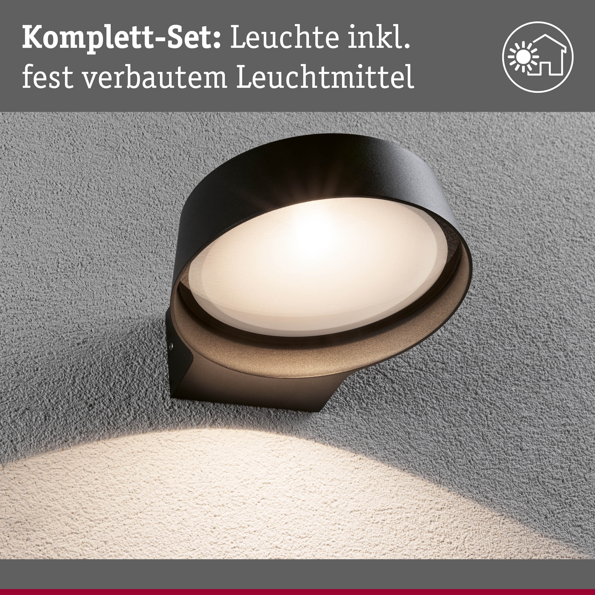 Schwarze Wandlampe mit integriertem Leuchtmittel an grauer Wand für moderne Innenbeleuchtung