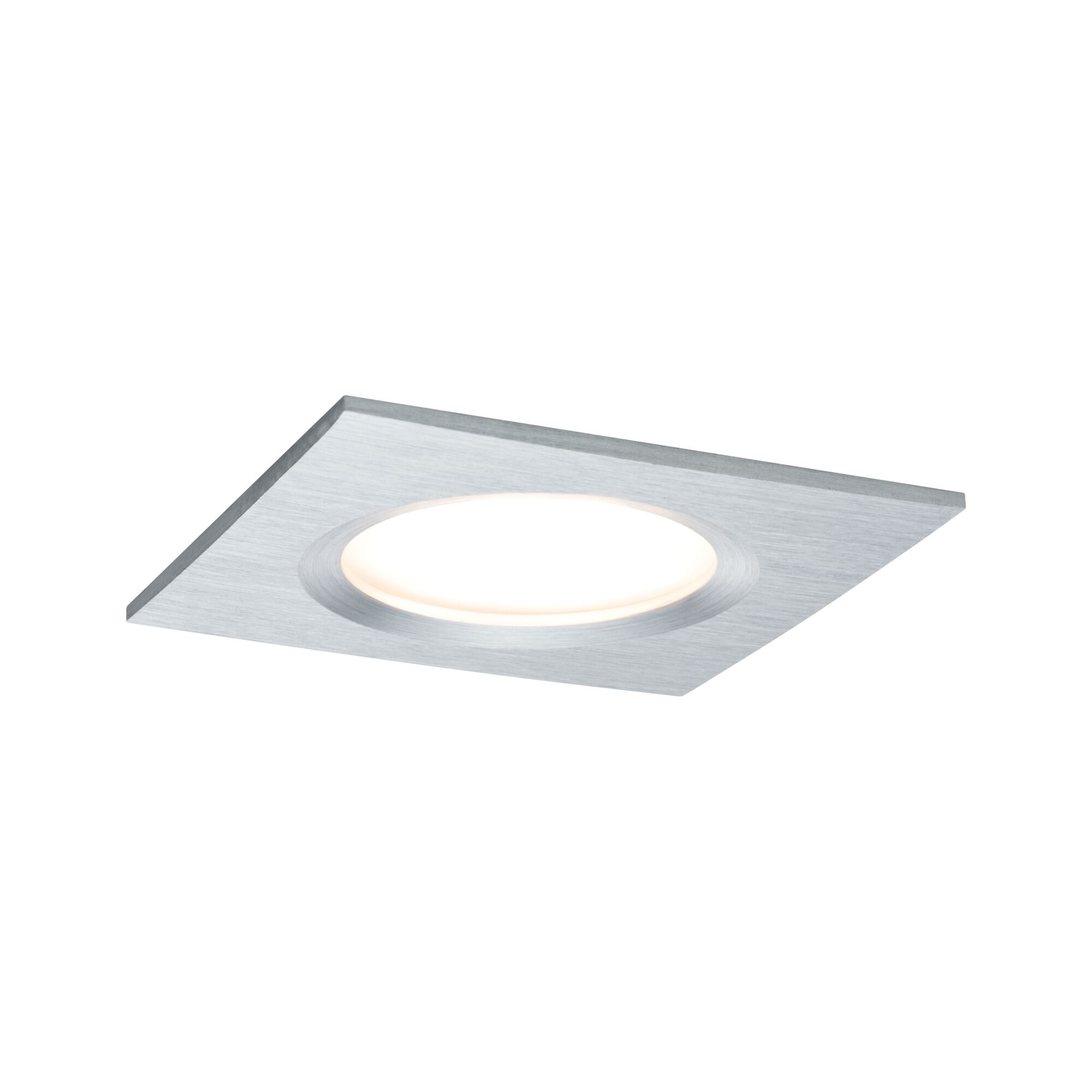Square LED recessed spotlight in brushed silver aluminum with warm white light for modern lighting
