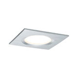 Square LED recessed spotlight in brushed silver aluminum with warm white light for modern lighting