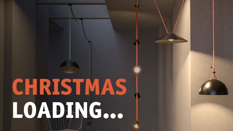 Moderne schwarze Hängeleuchten mit farbigen Kabeln in minimalistischem Raum mit Weihnachts-Text.