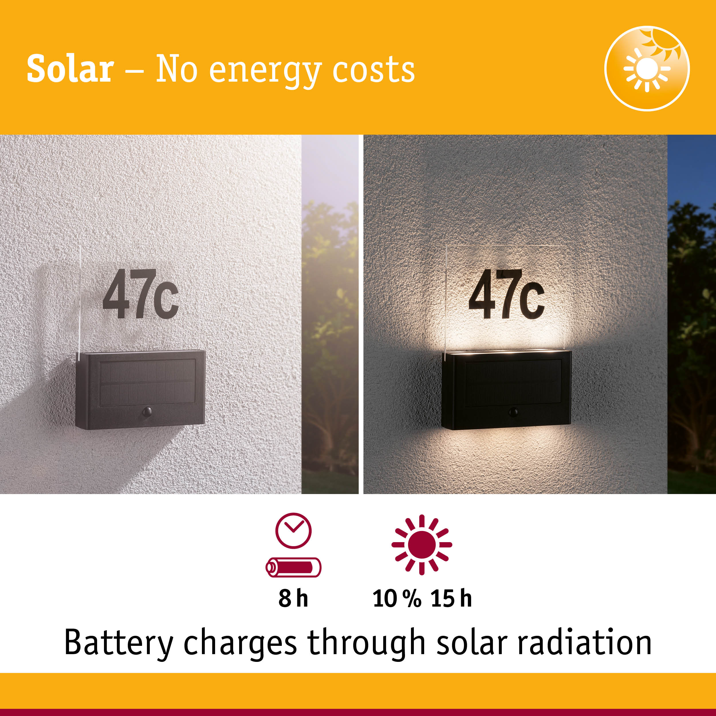 Solar-powered house number 47c with black mailbox on white wall, energy-saving outdoor lighting