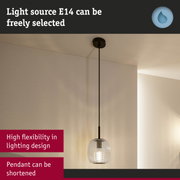 Pendant light with clear glass shade and black cable, flexible lighting design with E14 socket