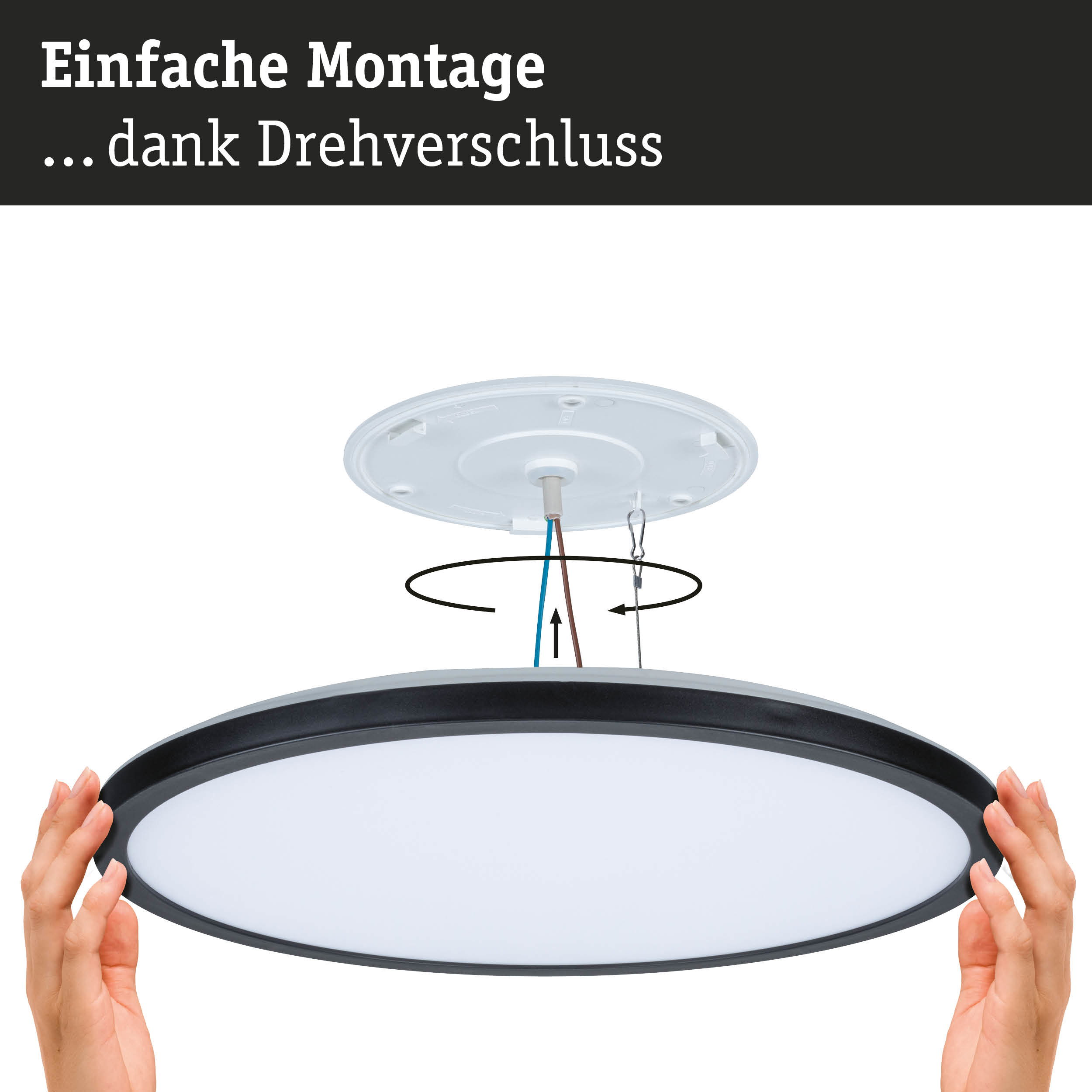Runde Deckenleuchte mit schwarzem Rand und weißem Diffusor, einfache Montage mit Drehverschluss