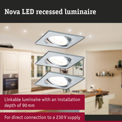 Nova LED recessed spotlight in brushed silver aluminium for modern kitchen lighting solutions