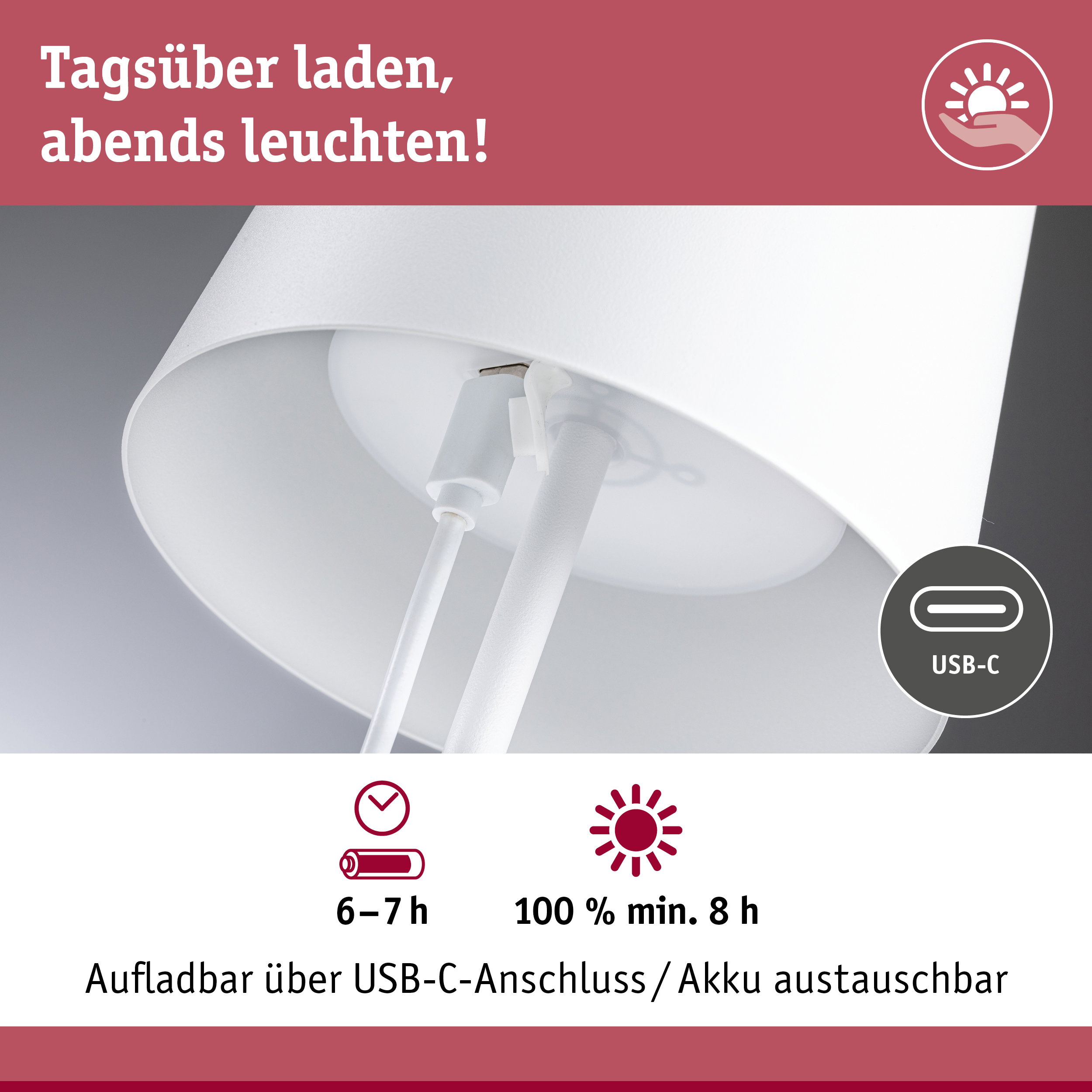 Weiße Lampe mit USB-C Anschluss und austauschbarem Akku, 6-7 Stunden Ladezeit, 8 Stunden Leuchtdauer
