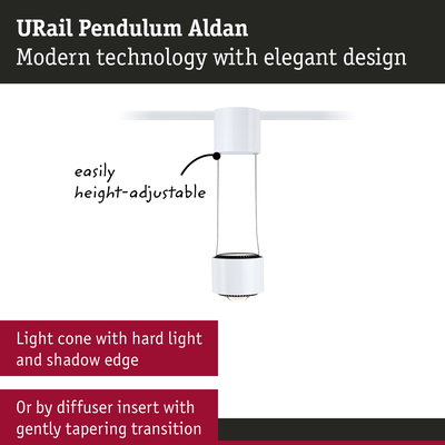 White URail Pendulum Aldan LED pendant light with adjustable height and sharp light cone design