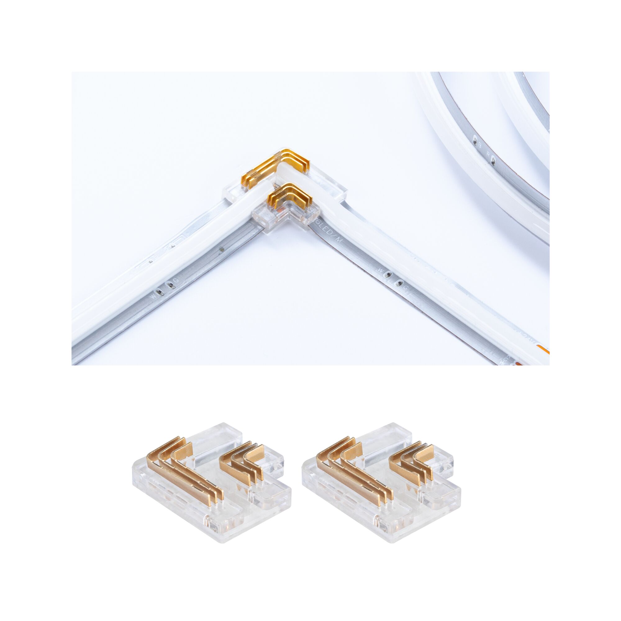 Transparent LED strip corner connectors with gold contacts for flexible light strip installation