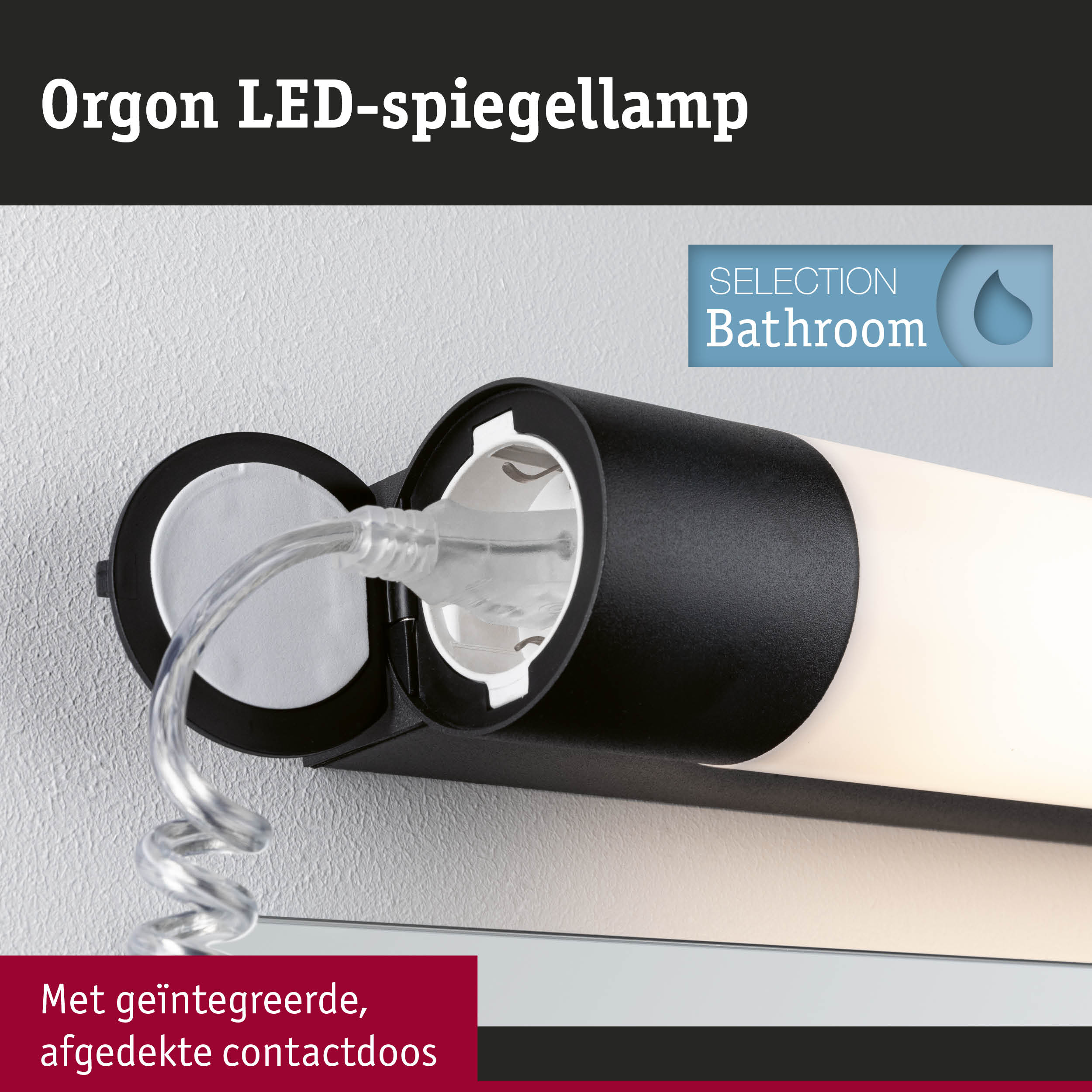 Zwarte Orgon LED-spiegellamp met geïntegreerde, afgedekte contactdoos voor badkamerverlichting
